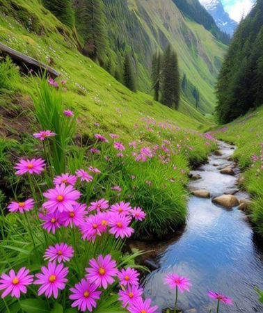 Wildflowers blooming beside a stream in a green mountain valley