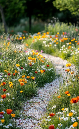 A gravel path winding through a meadow of wildflowers